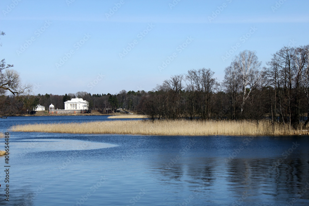 Lake and white house in Trakai, Lithuania