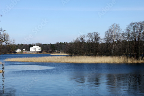 Lake and white house in Trakai, Lithuania