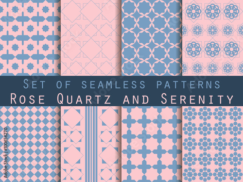 Set of seamless patterns. Geometric seamless pattern. Rose quartz and serenity violet colors.