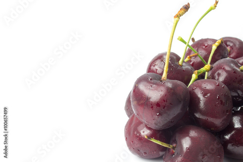A closeup group of cherries arranged in a white background