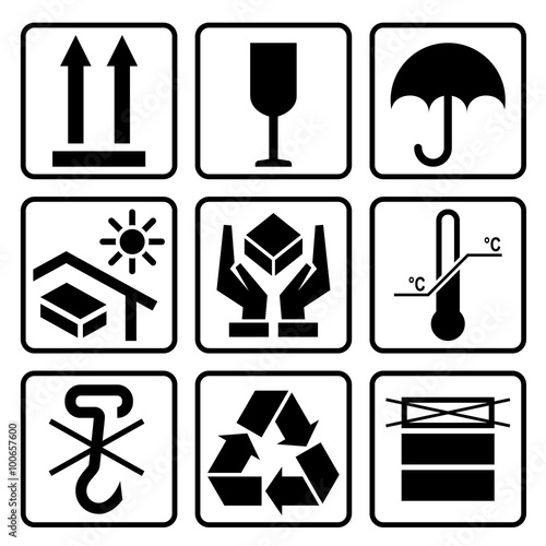 Cardboard packaging icon set. Warning symbols for big box