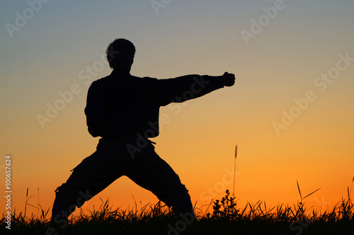 Man practicing karate on the grassy horizon after sunset. Art of self-defense. Silhouette against a bright orange sky.