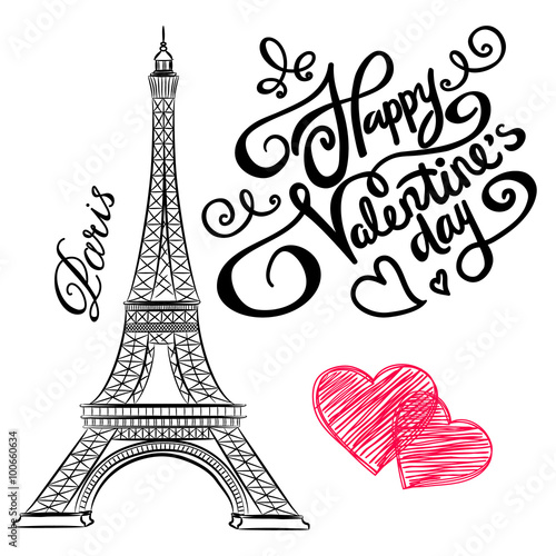 sketch of Paris, Eiffel Tower  with hearts. Vector illustration