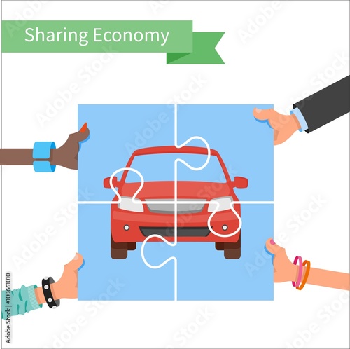 Car share concept. Sharing economy and collaborative consumption vector Illustration. Hands holding vehicle puzzle