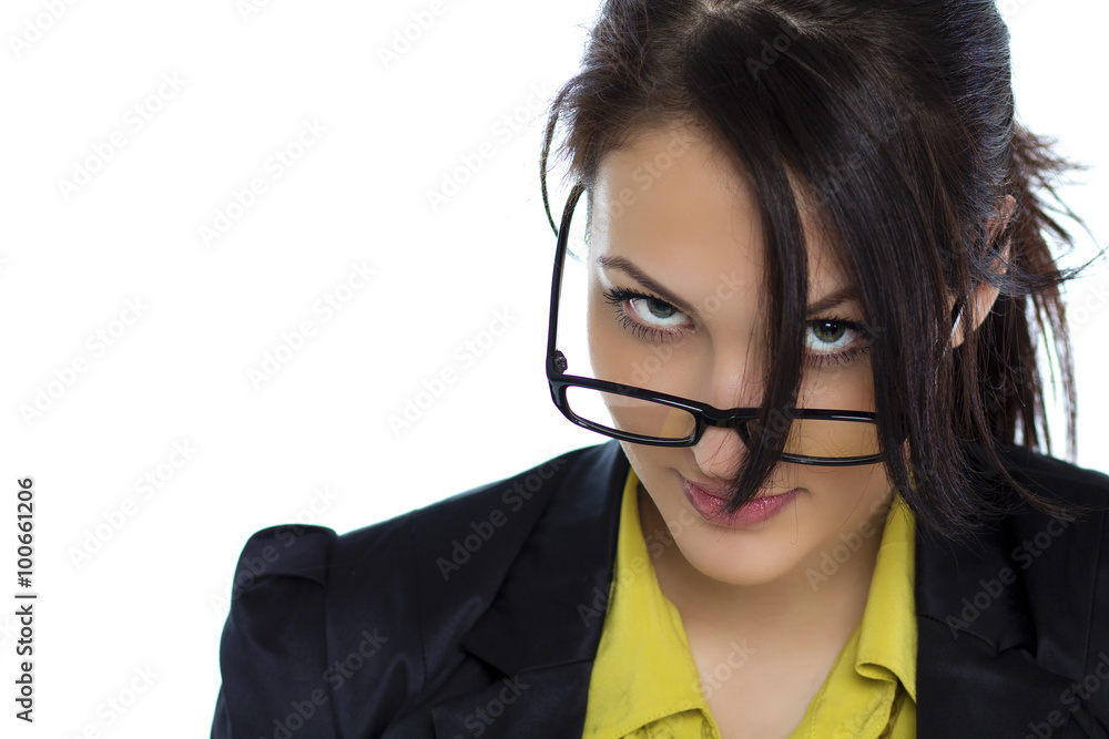 Young business woman with eyeglasses isolated white background Young business woman with eyeglasses isolated white background