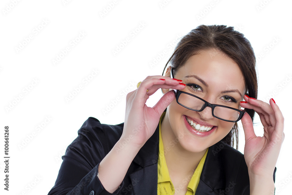 Young business woman with eyeglasses isolated white background