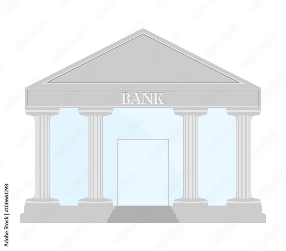 Silver Bank building with stairs, blue glass, doors and roof gray lettering bank under the roof with columns on a white background