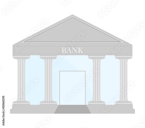 Silver Bank building with stairs, blue glass, doors and roof gray lettering bank under the roof with columns on a white background
