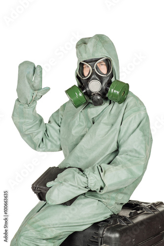 Man with protective mask and protective clothes