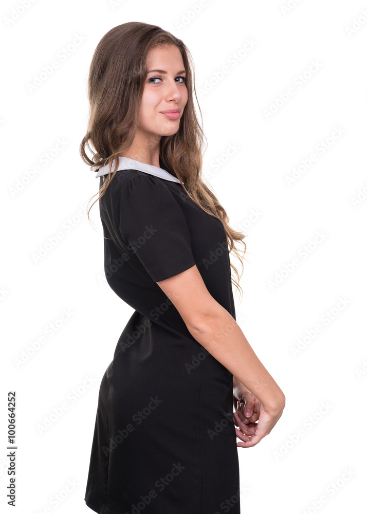 Closeup portrait of dreamy woman isolated on white