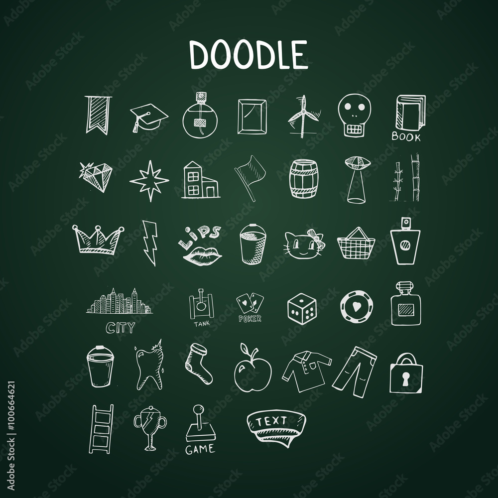 Set of doodle icons on chalkboard Set of doodle icons on chalkboard