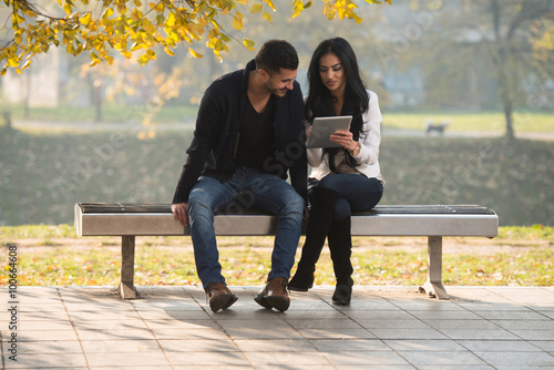 Male And Female Look At Electronic Tablet In Park