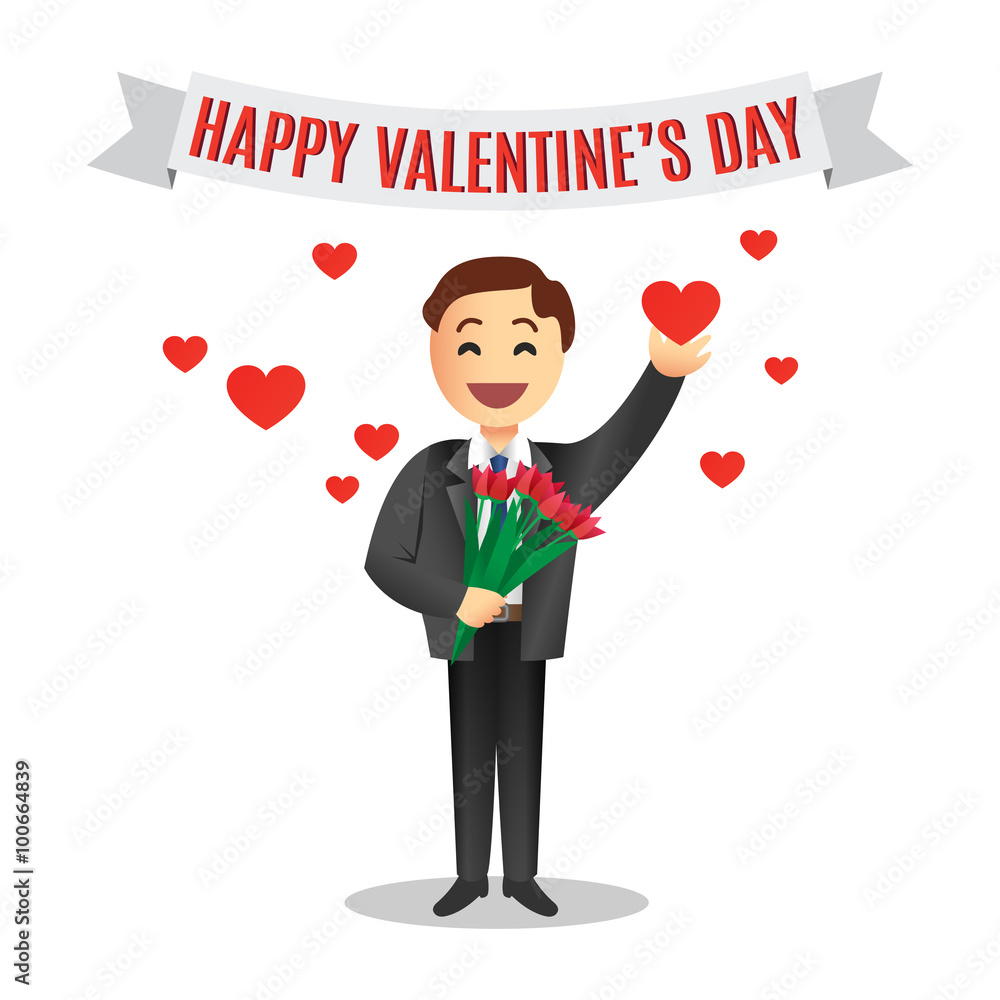 Enamored cartoon man in a black suit with gift Enamored cartoon man in a black suit with gift