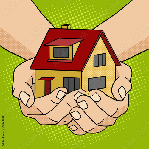 House in hands pop art style vector 