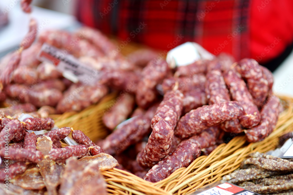 Home made sausages on a farmer's market in Vilnius