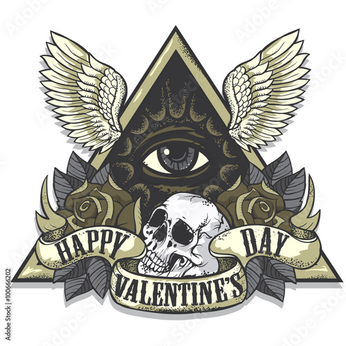 Vector tattoo-art on the theme of Valentine's Day. Tattoo-art design.Wings, roses and skull. Eye of Providence. Hand-drawn vector images. Good for printing on t-shirt. Easy to edit..Tattoo font.