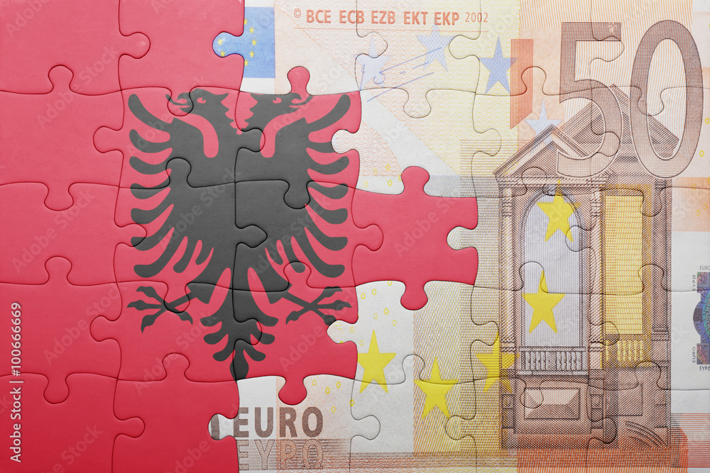puzzle with the national flag of albania and euro banknote