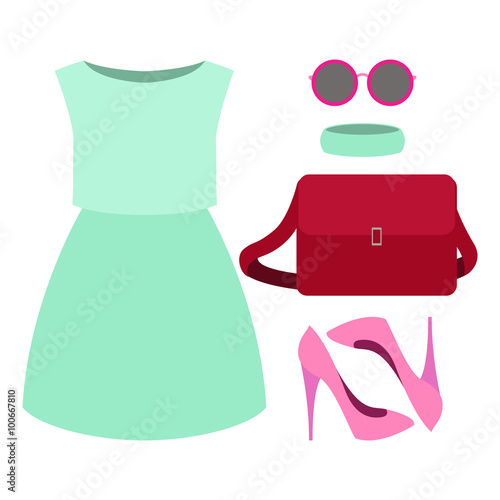 Set of trendy women's clothes. Outfit of woman dress and accessories. Women's wardrobe. Vector illustration