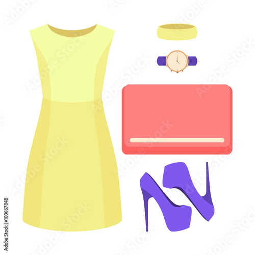 Set of trendy women's clothes. Outfit of woman dress and accessories. Women's wardrobe. Vector illustration