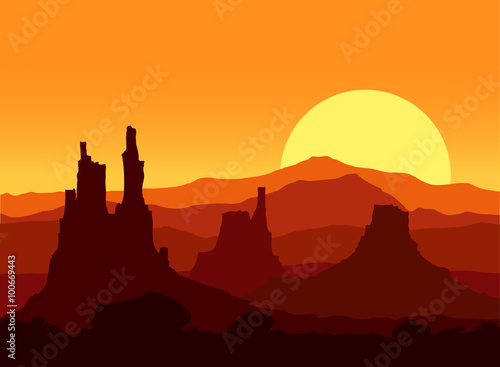 Sunset in the Rocky Mountains. Vector illustration. 