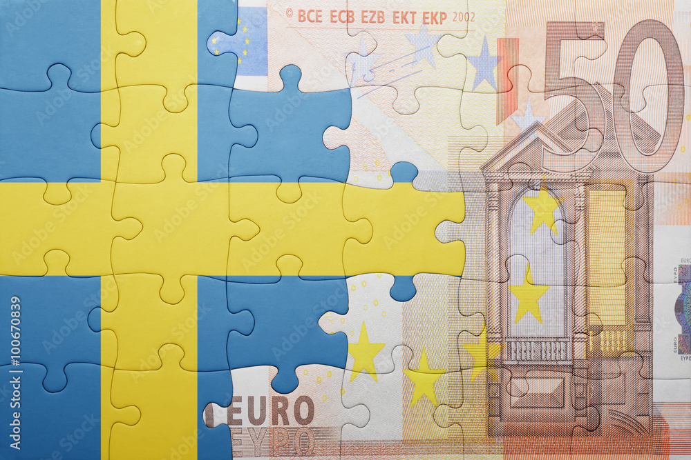 puzzle with the national flag of sweden and euro banknote puzzle with the national flag of sweden and euro banknote