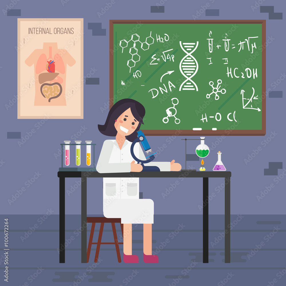 Laboratory researcher. Woman scientist with microscope and flask Laboratory researcher. Woman scientist with microscope and flask