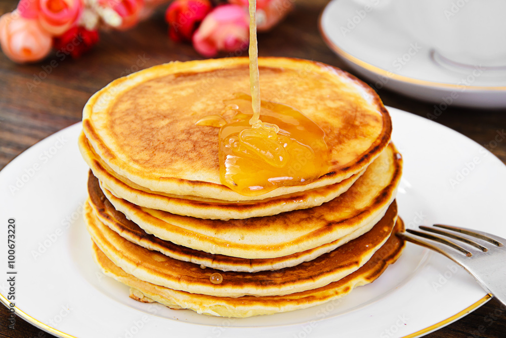 Tasty Pancakes Stack with Honey Tasty Pancakes Stack with Honey