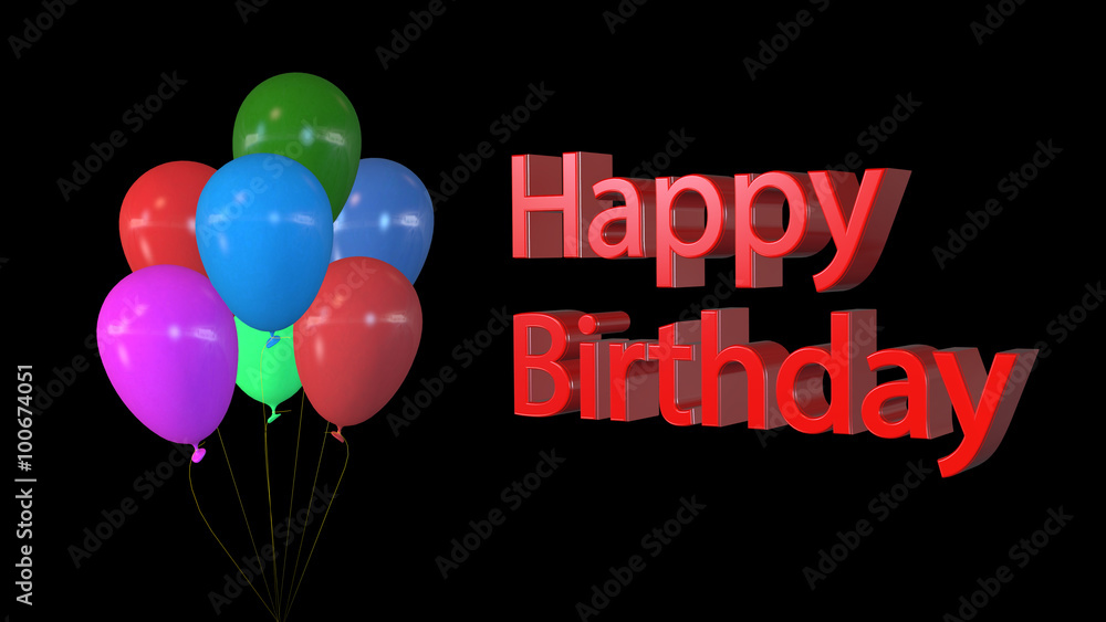 Happy Birthday greeting with balloons on black background Stock