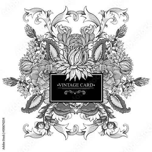 Vintage baroque greeting card with swirls, flowers