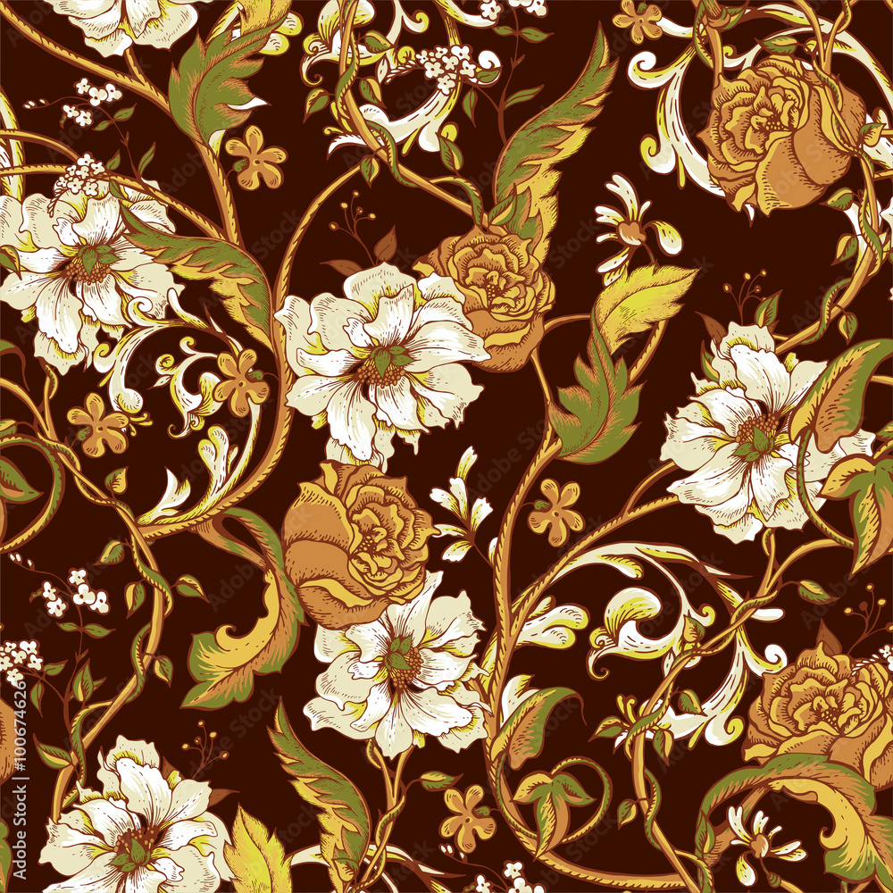 Naklejka premium Vintage seamless pattern with blooming magnolias, roses and twig