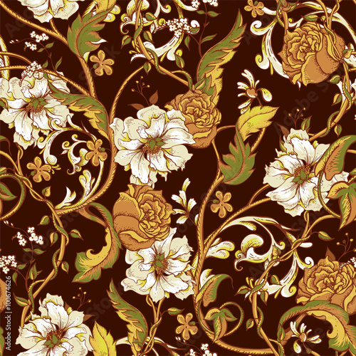 Vintage seamless pattern with blooming magnolias, roses and twig