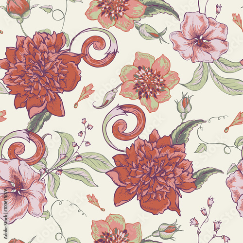 Vintage botanical seamless pattern with blooming peony