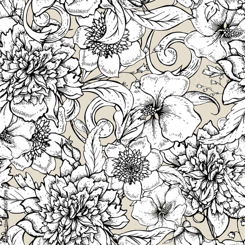 Monochrome seamless pattern with blooming peony