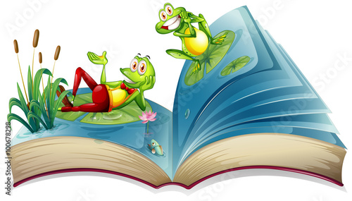 Open book with two frogs in the pond