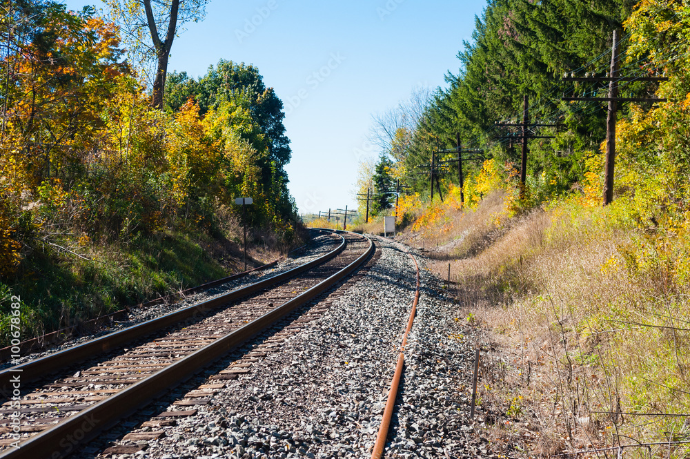 Train tracks curving left with telegraph poles on right