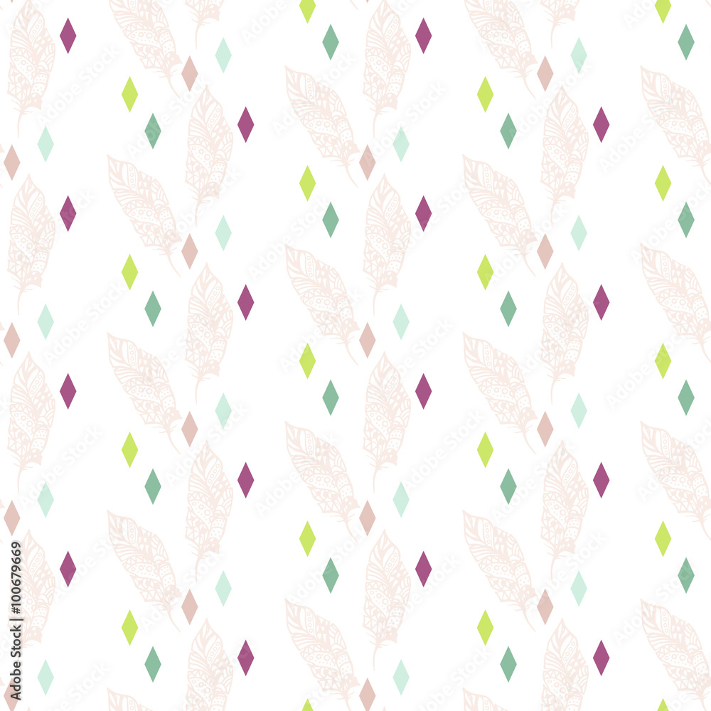 Beige boho feathers with colorful rhombs seamless vector pattern. Hand drawn feathers and confetti background.