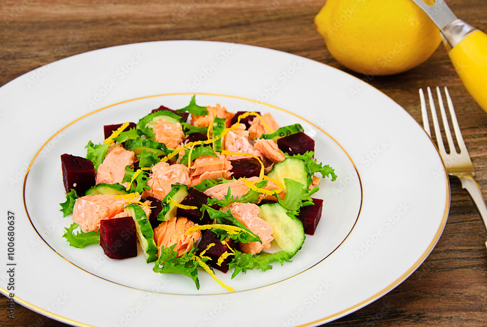 Salad with Beets, Salmon, Cucumber, Arugula, Lemon Zest, Orange, Salad with Beets, Salmon, Cucumber, Arugula, Lemon Zest, Orange,