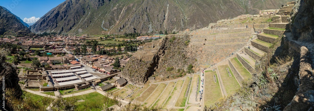 Agricultural terraces of Inca ruins and Ollantaytambo village, Sacred Valley of Incas, Peru
