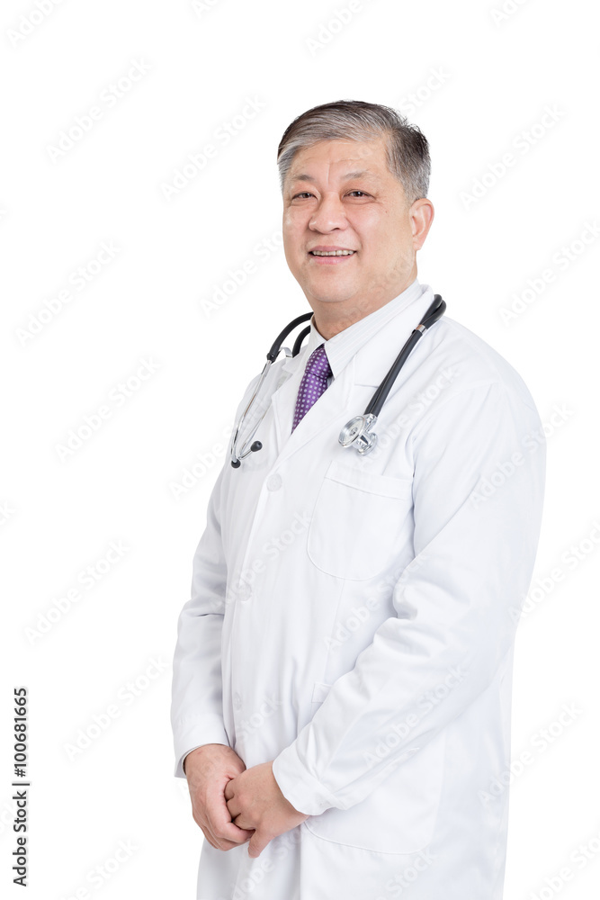 old asian man doctor in white stands smiling old asian man doctor in white stands smiling