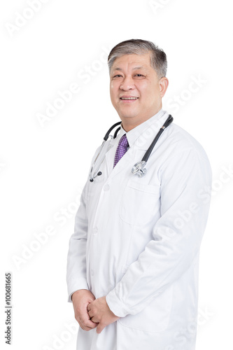 old asian man doctor in white stands smiling