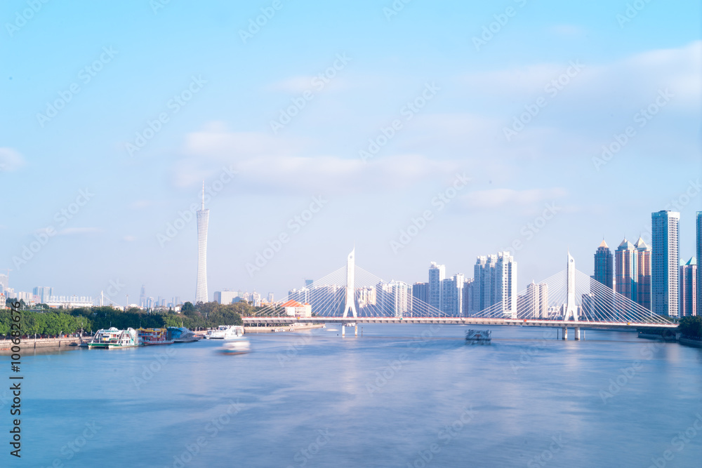 Guangzhou, China-Jan.17,2015: Pearl River and Buildings. The modern buildings on both sides of the Pearl River make it a beautiful landscape of the city.