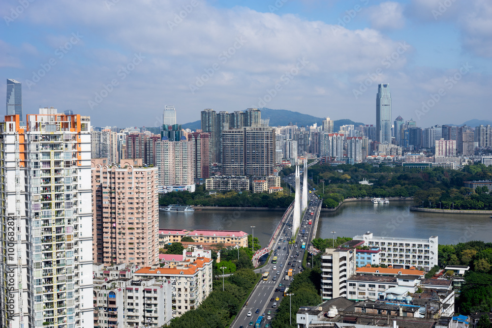 Guangzhou, China-Jan.17,2015: City view of Guangzhou. Haiyin Bridge across the Pearl River in the downtown of Guangzhou.