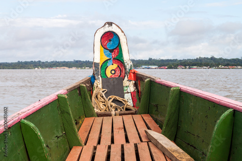 Small ferry crossing Maroni (Marowijne) river (to Suriname) in St Laurent du Maroni, French Guiana.