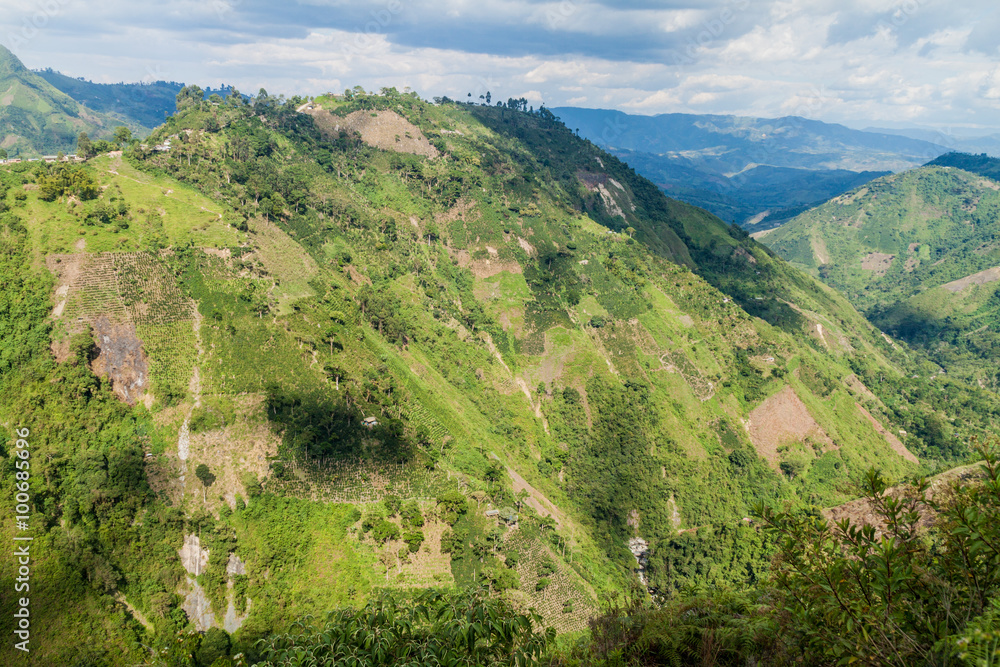 View over valley near Salto de Bordones waterfall, Colombia