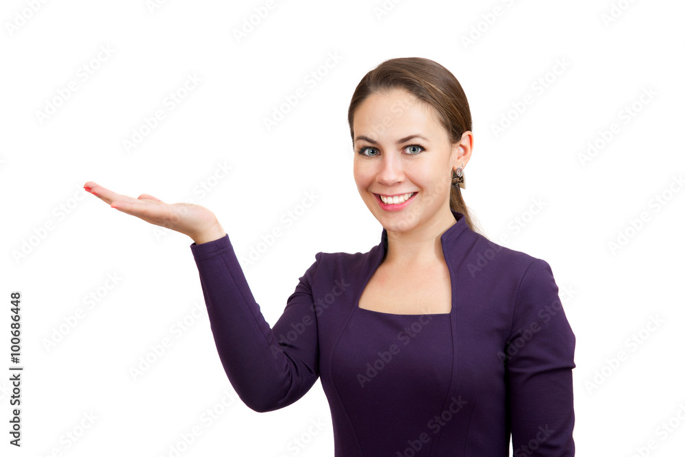 smiling young woman presenting copy space on her palm, isolated on white smiling young woman presenting copy space on her palm, isolated on white