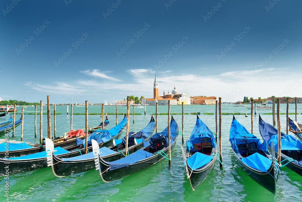 View of gondolas on the Venetian Lagoon in Venice, Italy