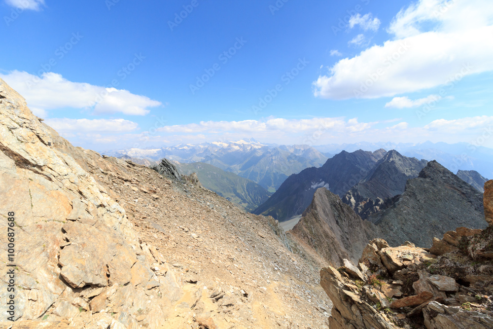 Panorama view with mountain Großglockner and glaciers in Hohe Tauern Alps, Austria