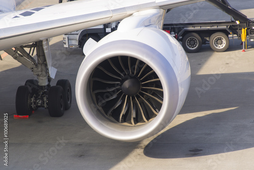Close-up view of a jet engine turbine