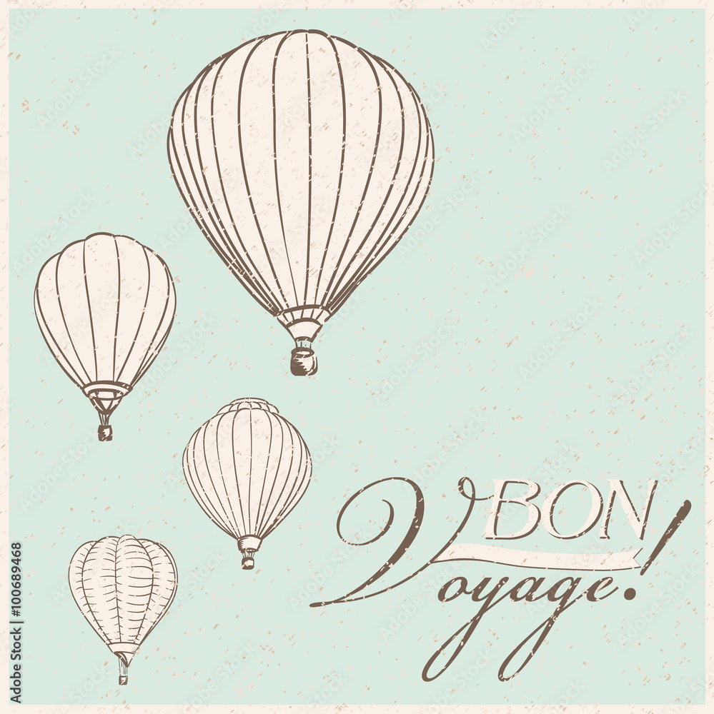 Fototapeta premium vintage hot air balloons bon voyage background. vector