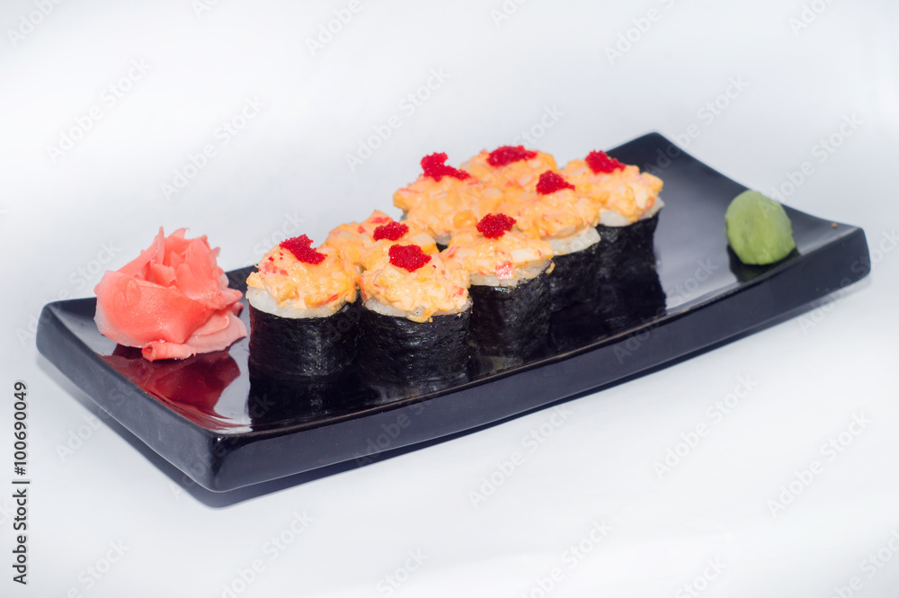 hot baked sushi rolls with wasabi and ginger cheese with red caviar hot baked sushi rolls with wasabi and ginger cheese with red caviar